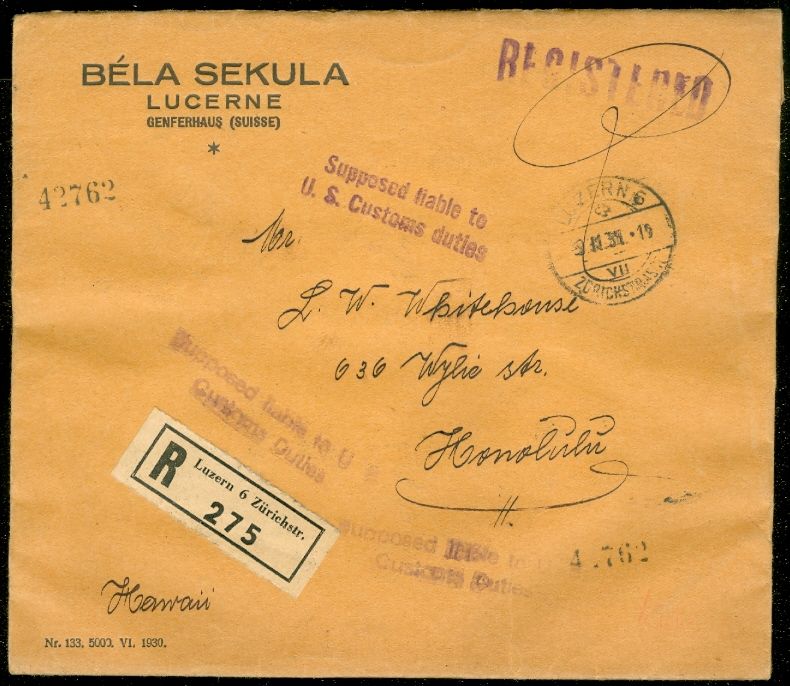 SWITZERLAND  1931 Registered cover to Hawaii  