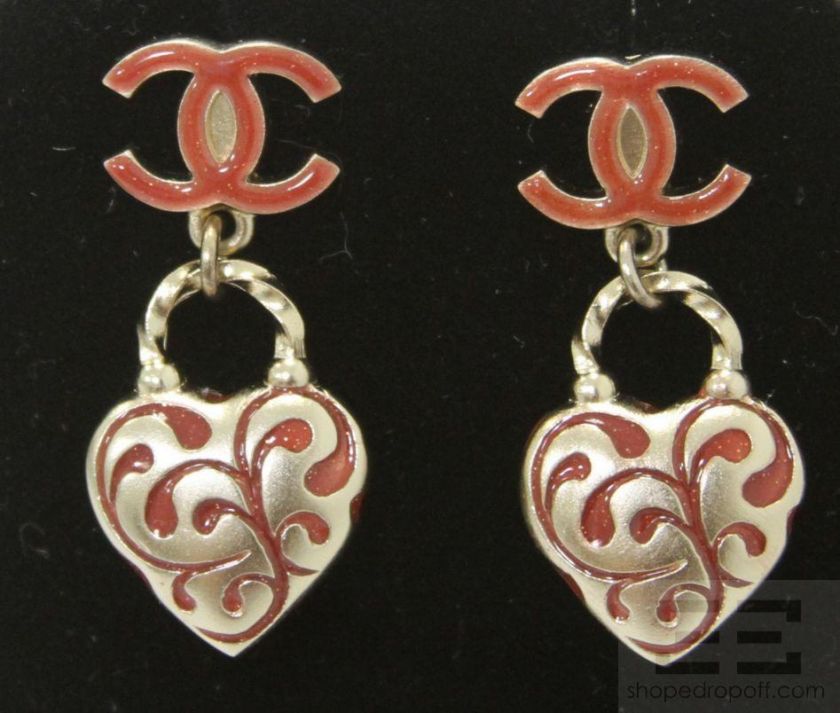 Chanel Pale Gold & Red Monogram Heart Drop Earrings 09A  