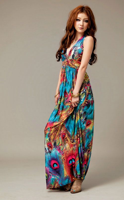 SEXY FLORAL V NECK HALTER MAXI DRESS PEACOCK WOOL PATTERN 1752  