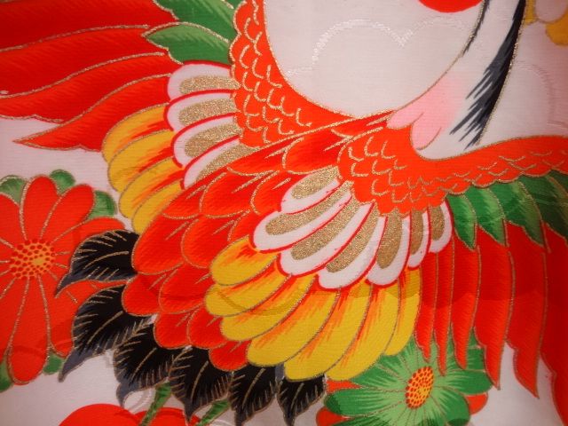 22315# Japanese KIMONO SYNTHETIC / GIRLS KIMONO / EMBROIDERY CRANES 