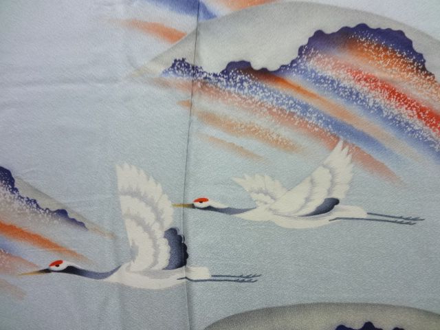 24562# Japanese SILK / FURISODE KIMONO / YUZEN & EMBROIDERY / CRANES 