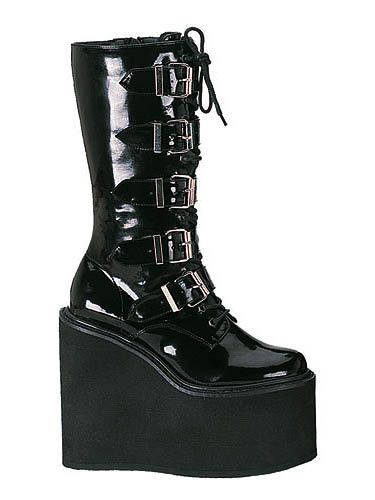   Industrial Demonia Black Vinyl Platform Swing 220 Buckle Boots 12