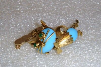 18K 14K ESTATE TURQUOISE CAT PIN BROOCH   LB566  