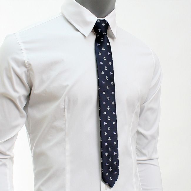   Skinny Slim Narrow Marine look Embroidery Woven Neckties Navy 2.15