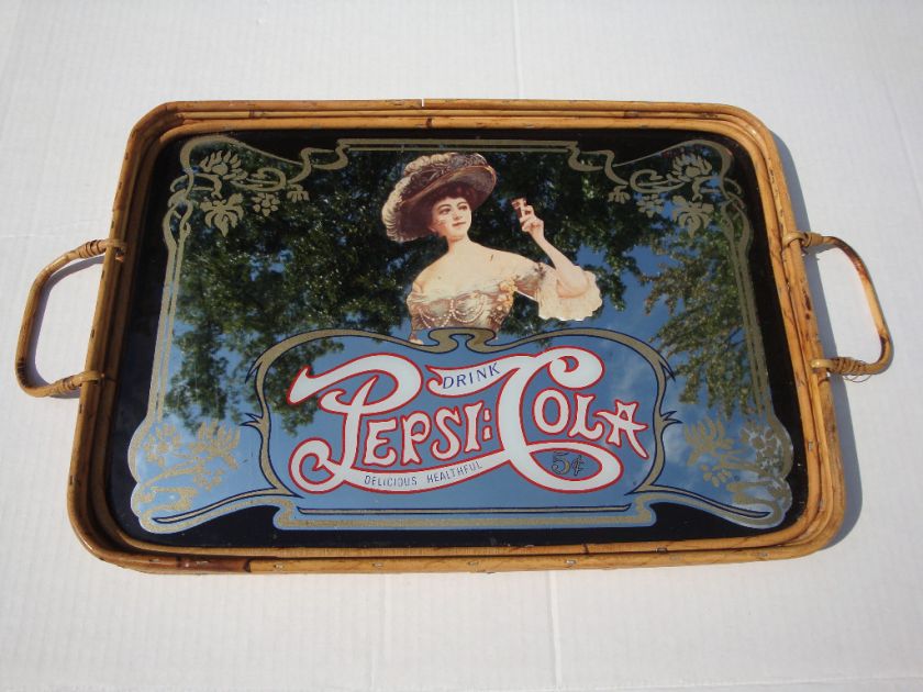 Retro 1970s Pepsi Cola Soda Mirror Wood Rattan Serving Tray  