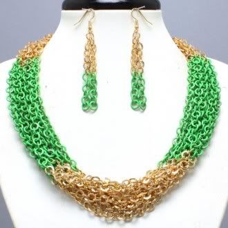 Chunky Green Gold Metal Chain Statement Necklace and Earring Set 