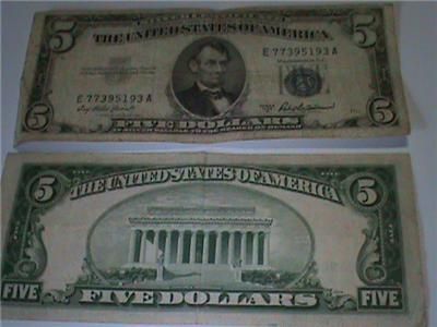 1953 A $5 DOLLAR BILLS (BLUE SEAL) SILVER CERTIFICATE  