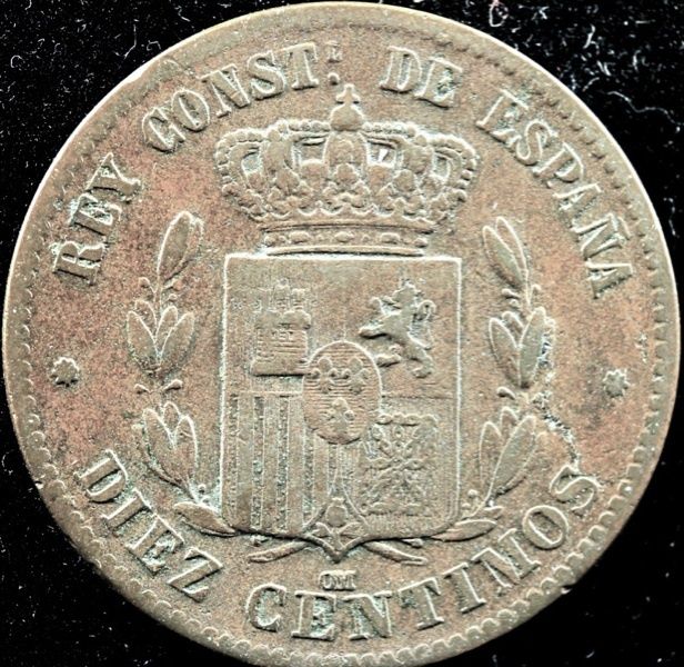 1877 Alfonso XII 10 Centimos Spanish Coin  