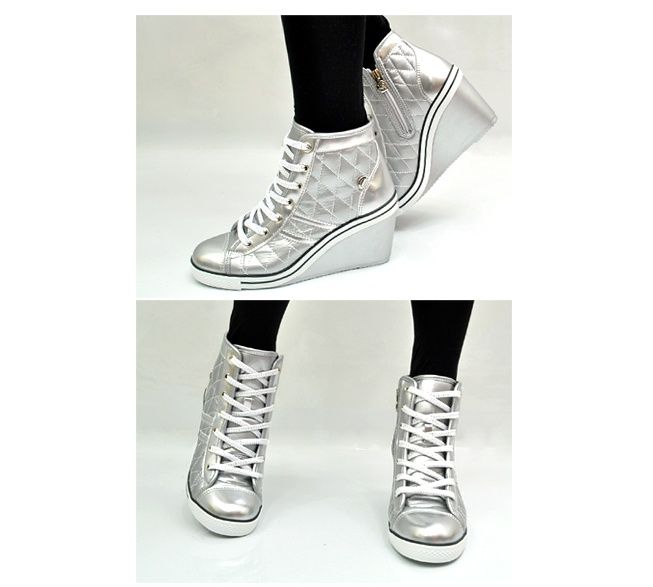 Wedge heel High Top Sneakers WhiteSilverBlack US 5.5 8  