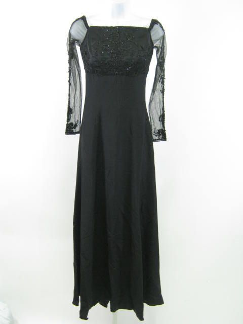 REEM ACRA Black Sequin Sleeved Evening Gown Dress Sz 10  