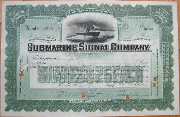 1928 Stock Certificate w/Ship Vig Submarine Signal Co.  