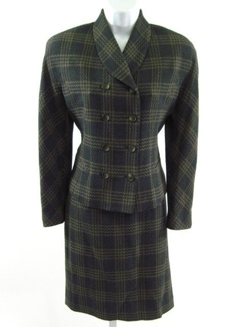 EMANUEL UNGARO PETITE Gray Plaid Blazer Skirt Suit 8 P  