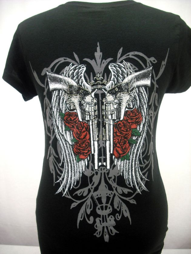 WOMEN PISTOLS W/ ANGEL WINGS & ROSES RHINESTONE T SHIRT  