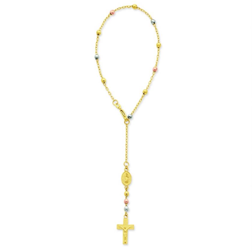 14K TRI COLOR BEADS CROSS CRUCIFIX ROSARY 8 BRACELET  