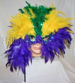   Purple, Yellow, and Green Feathers and Green Sequins around the Eyes