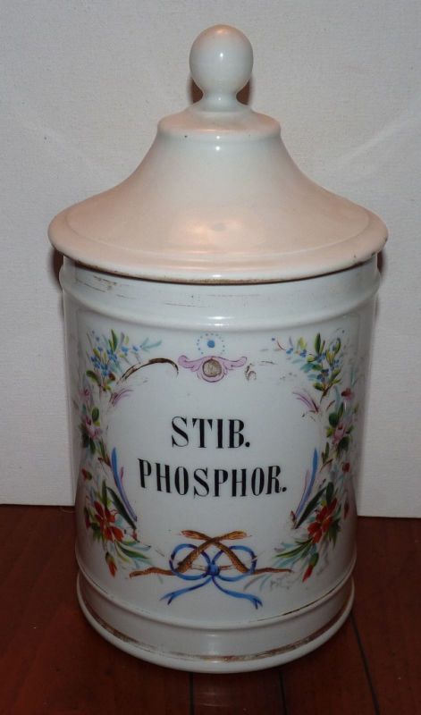 Antique old Apothecary Jar Hand Painted Lid Drug Store  