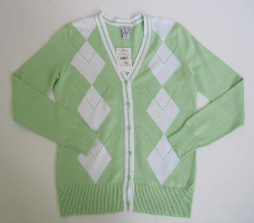 IZOD GOLF WOMENS GREEN ARGYLE CARDIGAN SWEATER S XL NWT  