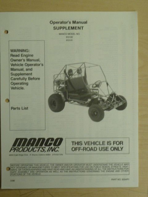 MANCO MODEL 612 00 612 01 GO KART PARTS LIST OPERATORS MANUAL CART 