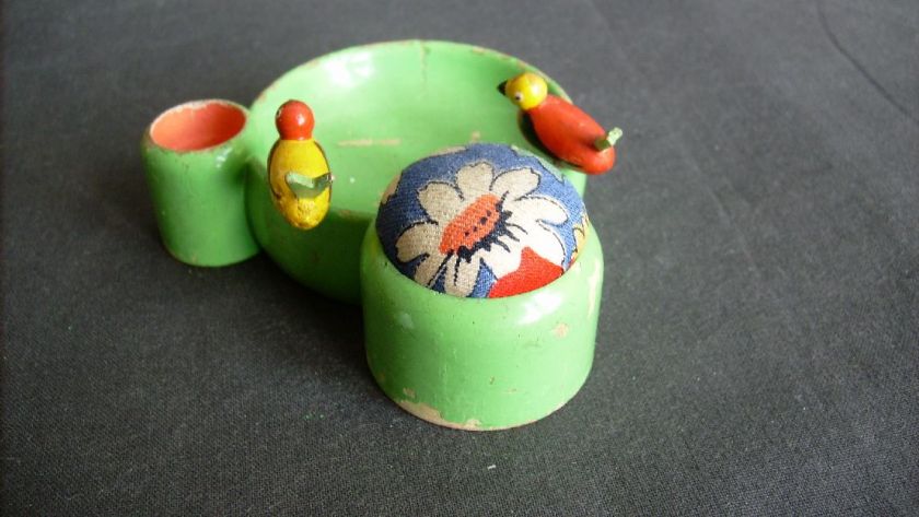 antique german pin cushion wood bird 1920 1930  