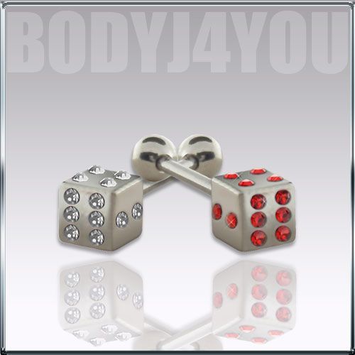 LOT OF 2 14G CZ & RED GEM DICE TONGUE RING BARBELLS  