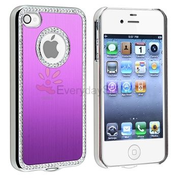 Bling Rhinestones Purple Plastic Case Cover+LCD Stylus Pen For iPhone 