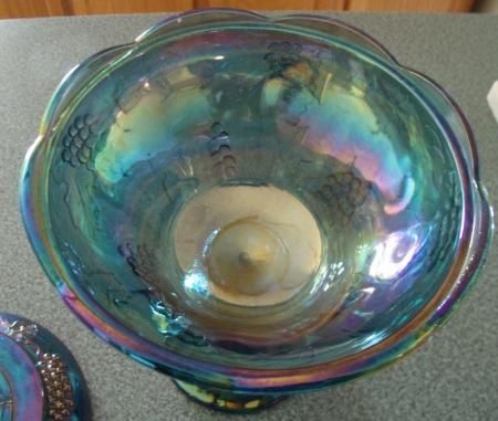 Indiana Blue Harvest Carnival Glass Covered Candy Dish Grape  