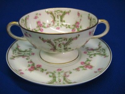 HAVILAND LIMOGES PINK ROSES & SCROLLS BOULLION CUP & S  