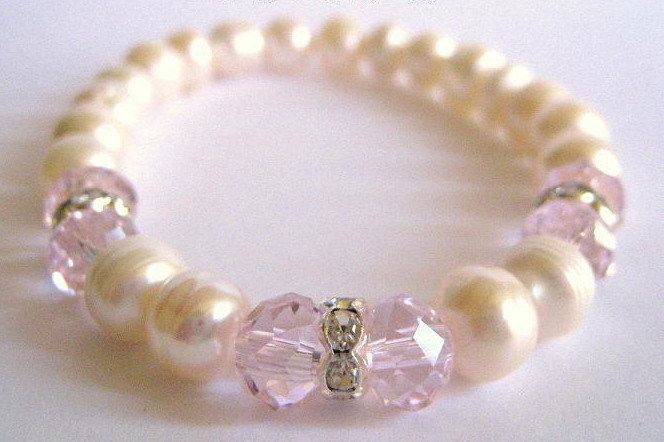 Pink Crystal Glass Bead Fresh Water Pearl Stretch Bracelet New with 