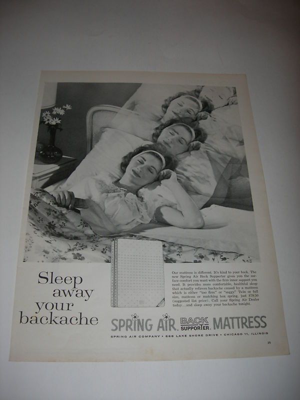 1962 SPRING AIR BACK SUPPORTER MATTRESS PRINT AD  