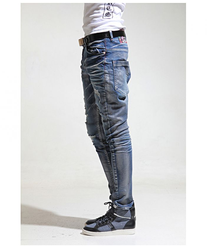 Mens K Pop Style Fashion Pearl Shine Blue Denim Top Baggy, Skinny 