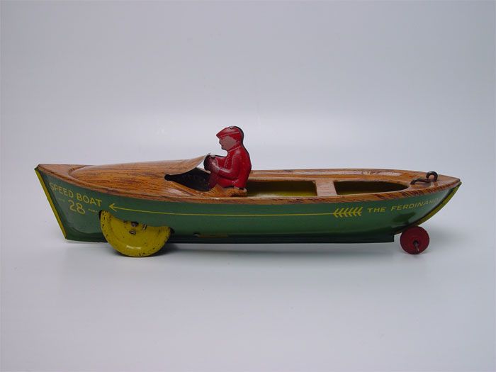 Rare Ferdinand Strauss Wind up Speed Boat Tin Toy  