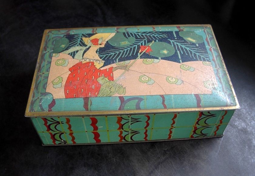 ANTIQUE CANCO BEAUTEBOX TIN BOX CONTAINER ART NOUVEAU WOMAN HAT 