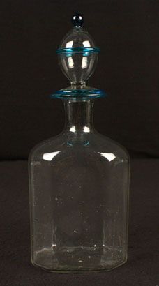 OLD ITALIAN VENITIAN HAND BLOWN CLEAR GLASS APPLIED BLUE BOWL & BOTTLE 