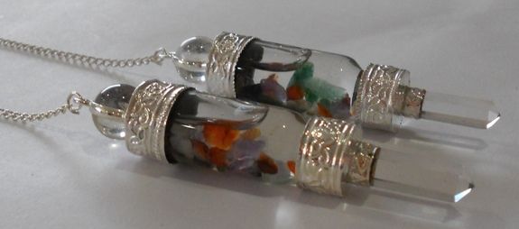 BOTTLE DOWSING PENDULUMS W/ FLOATING CHAKRA STONES   UNIQUE  