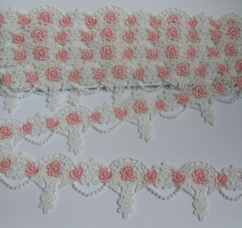 Pink/White Rose Fringe Venise Lace Trim 2 Yards  