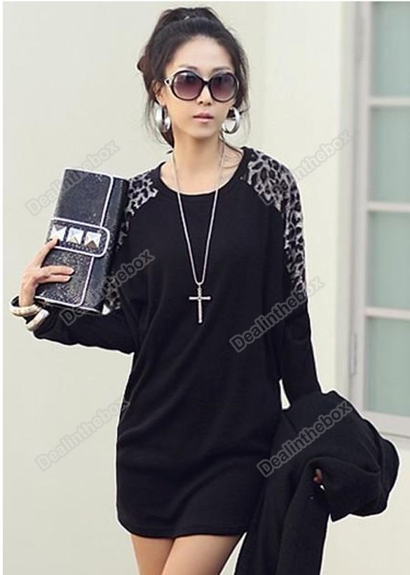 New Cotton Leopard Grain Decoration Round Brought Long Sleeve T shirt 