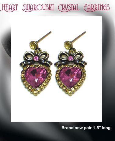 Elegant Fuschia Swarovski Heart & Bow Earrings  