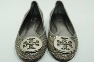 TORY BURCH REVA WOVEN PEWTER BALLERINA FLAT SHOES 4  