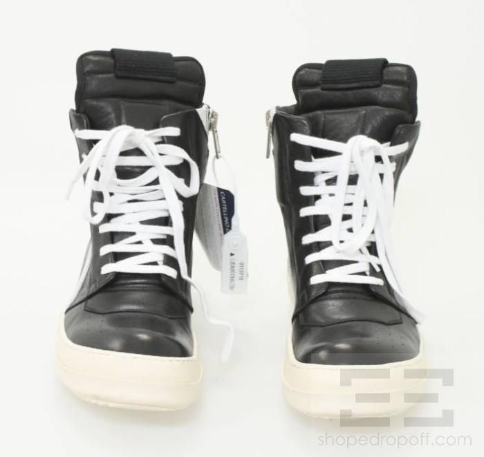 Rick Owens Black & White Leather Mens Geobasket Sneakers Size 43, NEW 