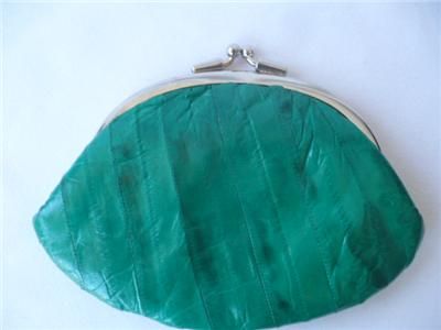 Vintage Genuine Eel Skin Clutch Purse Coin Holder Wallet Kelly Green 