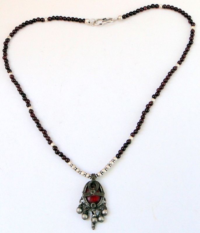 antique sterling silver beads necklace garnet  