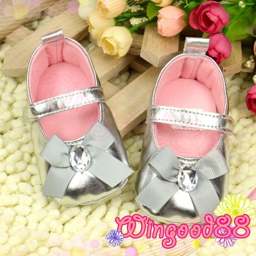 Shiny Silver Bows Baby Girls Toddler Infant Kids Mary Jane Shoes Size 