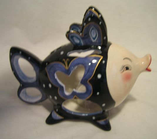 Ceramic blue fish w/ butterfly tea light figurine   NEW  