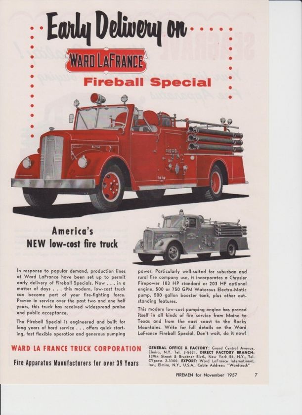 WARD LaFRANCE THE FIREBALL SPECIAL 1957 AD  