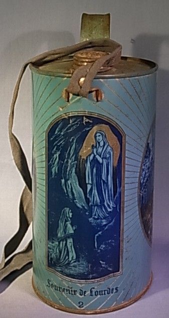   SOUVENIR DE LOURDES TIN HOLY WATER CAN ANTIQUE EUROPEAN CHRISTIANITY