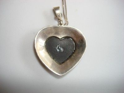 VINTAG 925 SILVER NECKLACE ONYX HEART PENDANT MARCASITE  