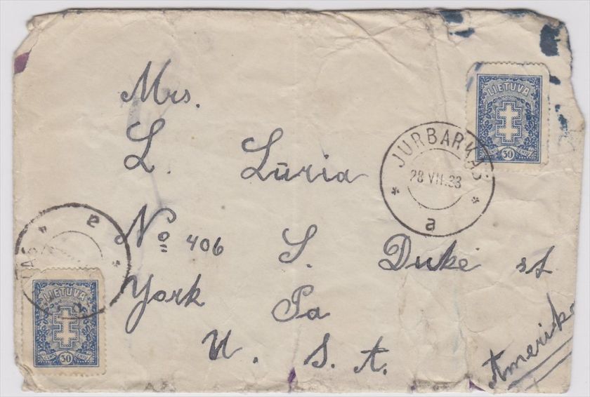 Lithuania to US 1933 Cover Jurbarkas Cancels, creased and torn. Make 