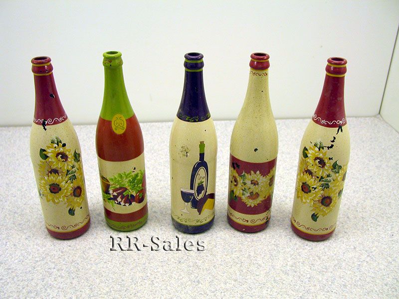 Lot 5 Tuscan Painted Wine Bottles Flowers Cheese Veggie  