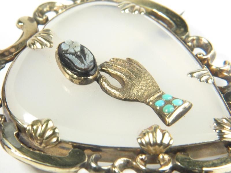 ANTIQUE ENGLISH 9K GOLD AGATE TURQUOISE PANSY CAMEO HEART SHAPED PIN 