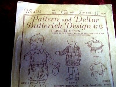 ANTIQUE BUTTERICK CHILD ROMPER PATTERN 1919 RARE  